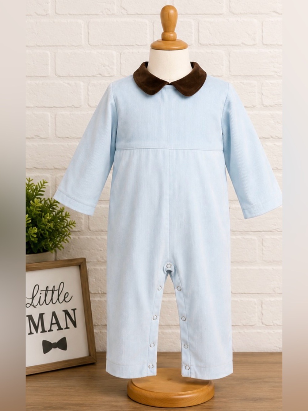 Anavini Baby Boys Corduroy Longall 24M Blue Brown Collar Bubble Romper EUC